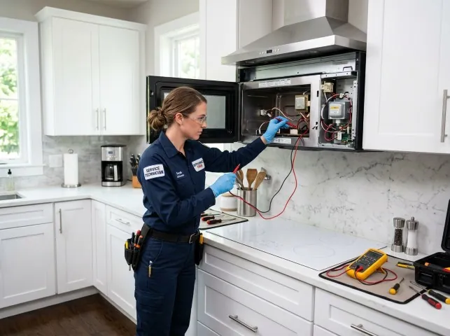 Appliance Repair Hero technician testing an over-the-range microwave in a Bernville, PA kitchen